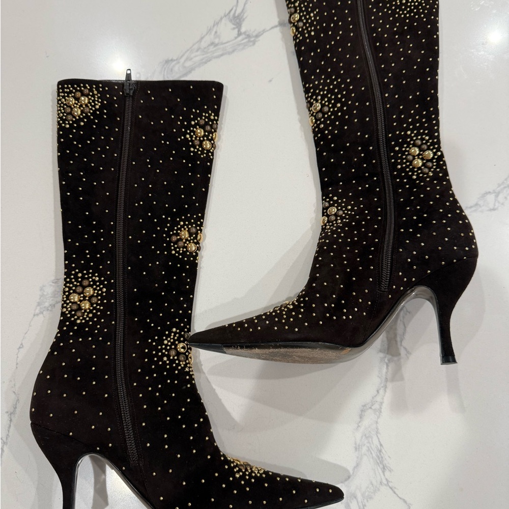 Chic Brown and Gold Studded Heeled Boots